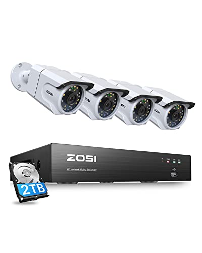 ZOSI 4K Ultra HD Security Cameras System,8 Channel H.265+ 4K Video NVR with 2TB Hard Drive and 4 x 4K (8MP) Ip67 Bullet Weatherproof Surveillance Cameras,Night Vision,Human Detection,24/7 Recording