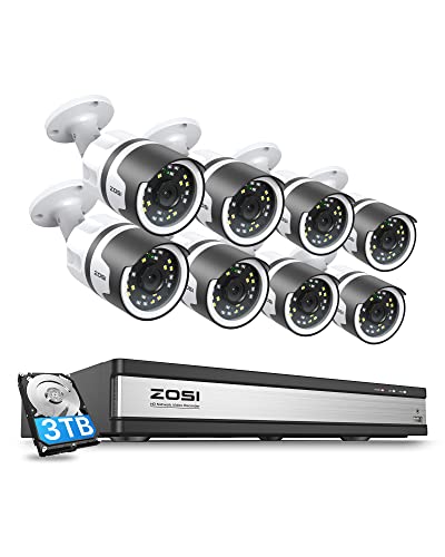 ZOSI 16CH 4K Security PoE Camera System, 16CH 4K NVR with 3TB HDD for 24/7 Recording, 8PCS Wired 5MP PoE IP Cameras Outdoor Indoor, Color Night Vision, 2-Way Talk, Human Detection, Sound & Light Alarm