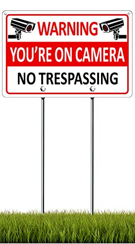 You're on Camera Sign with Stake, Metal No Trespassing Sign with Posts, Aluminum Video Surveillance Signs for Yard Outdoor, 11.8'x 7.9' Home Security Camera Signs for House Yard with 15.7' Tall Stake, Kits Included, Easy to Install