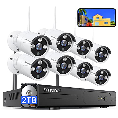 3MP Security Camera System Wireless with AUDIO, SMONET 8CH Home CCTV Surveillance NVR Systems,8Pcs 3MP Outdoor Indoor WiFi IP Cameras Waterproof Night Vision,2TB Hard Drive,Free App AI Human Detection
